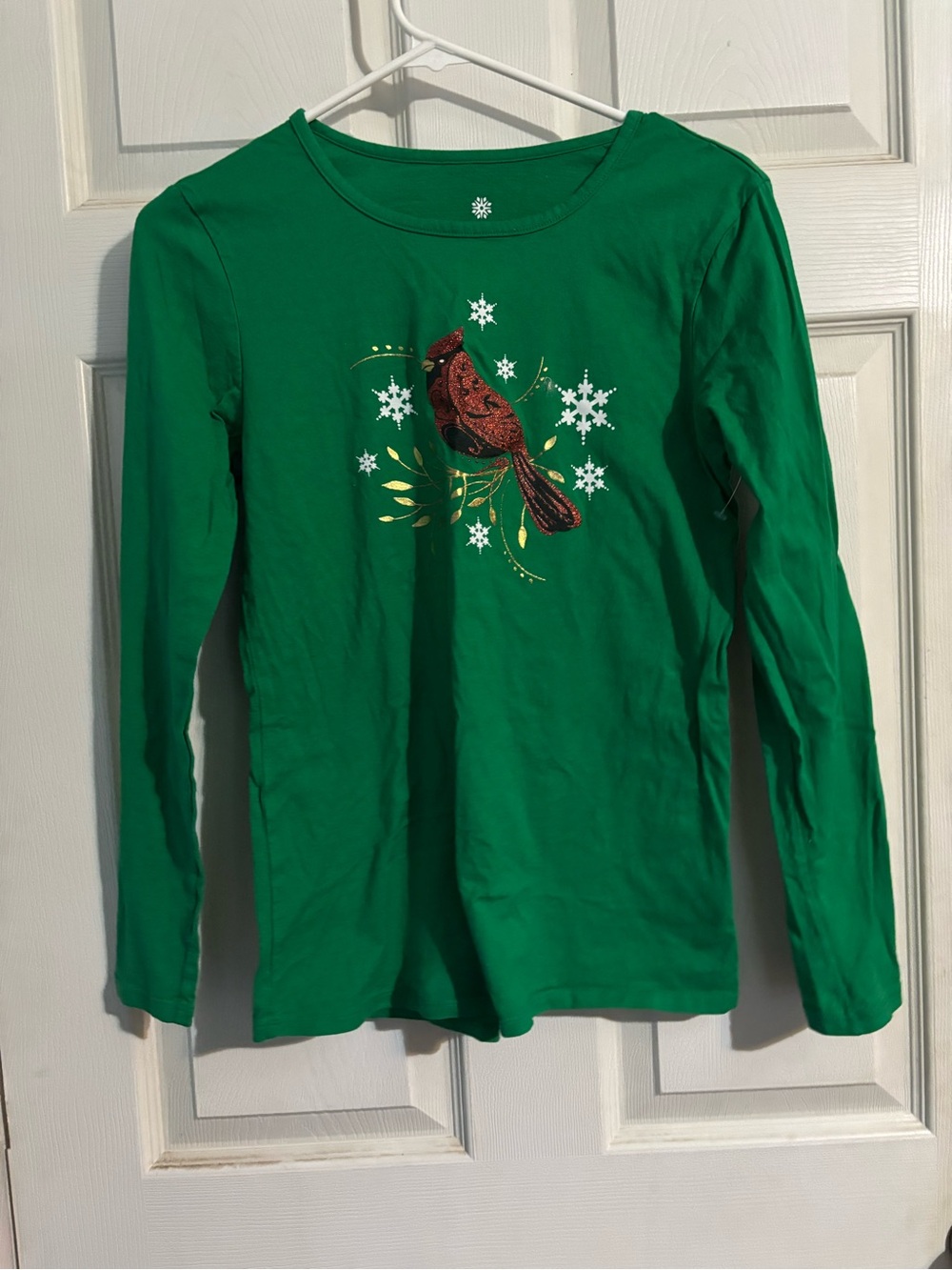 Holiday Time Green Long-Sleeve Tee with Red Cardinal Graphic
